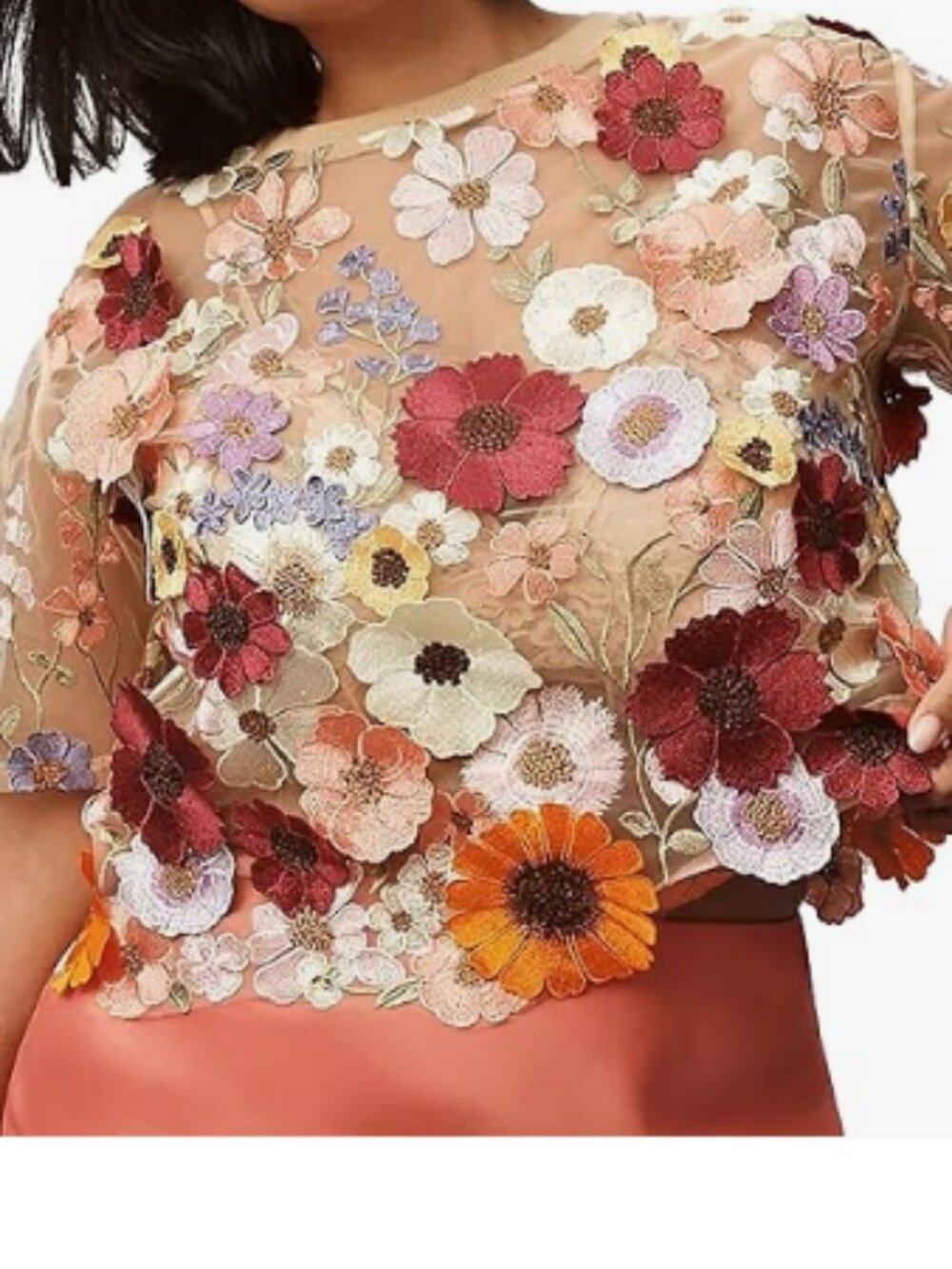 Embroidered 3D Floral Sheer Lace Blouse Short Sleeve Crew Neck Tee